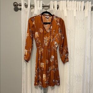 LOFT Rust Floral Long Sleeve V-Neck Dress